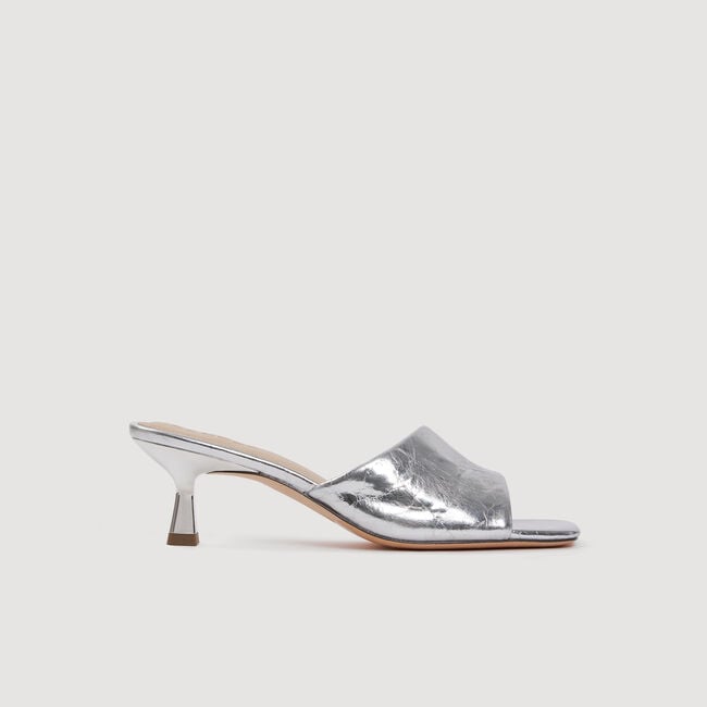 Heeled metallic leather mules