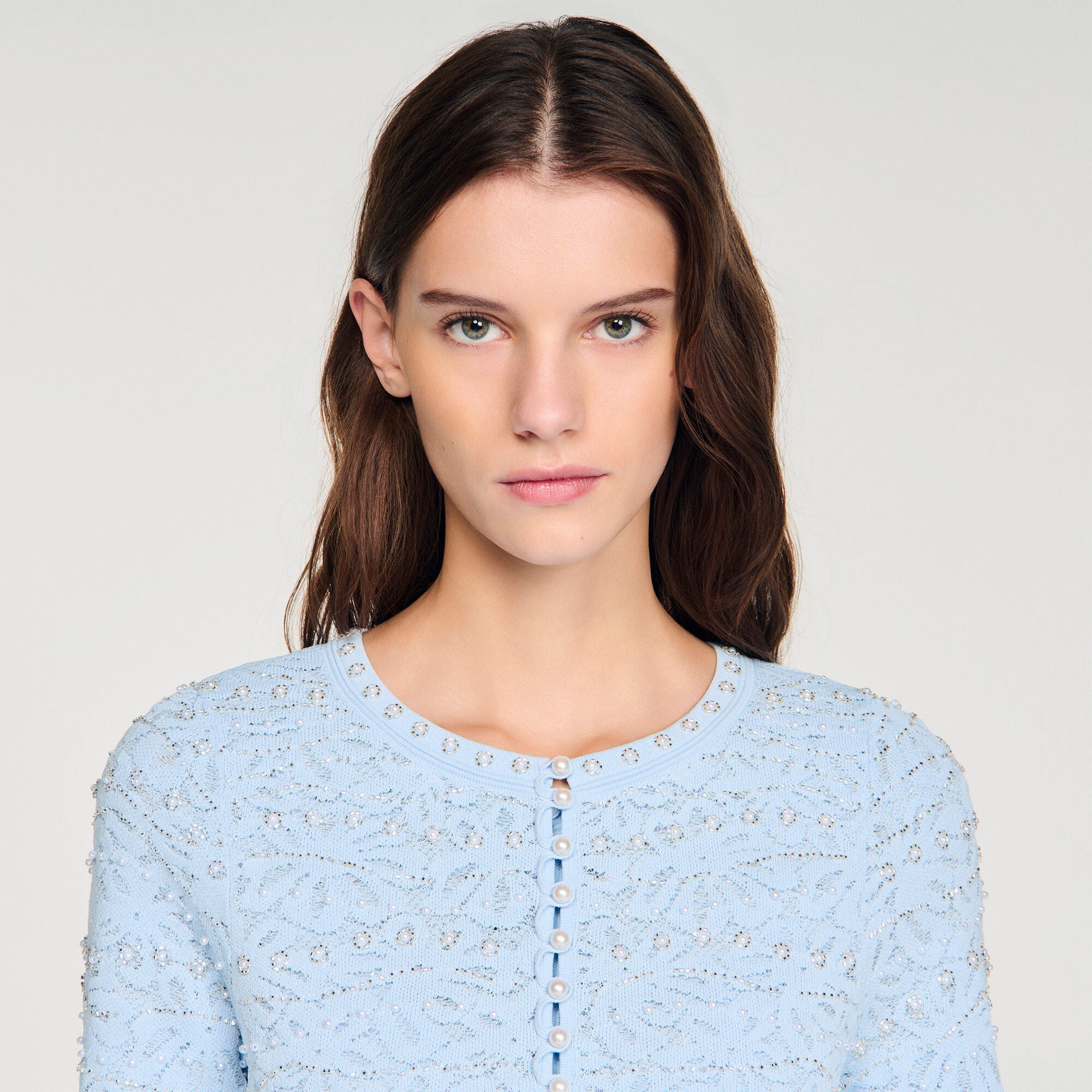 Cropped pearled cardigan