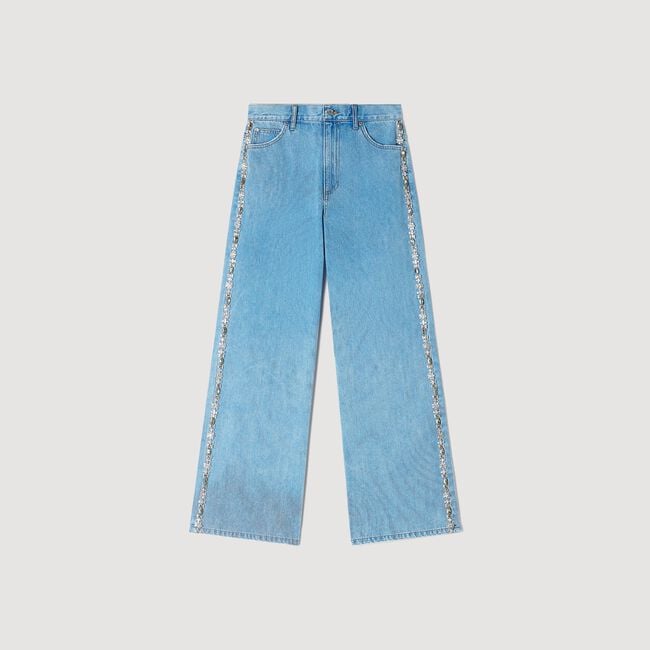 Faded straight-leg rhinestone jeans