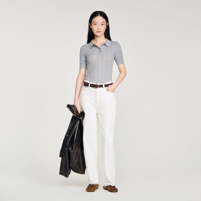 Pointelle polo-neck wool sweater