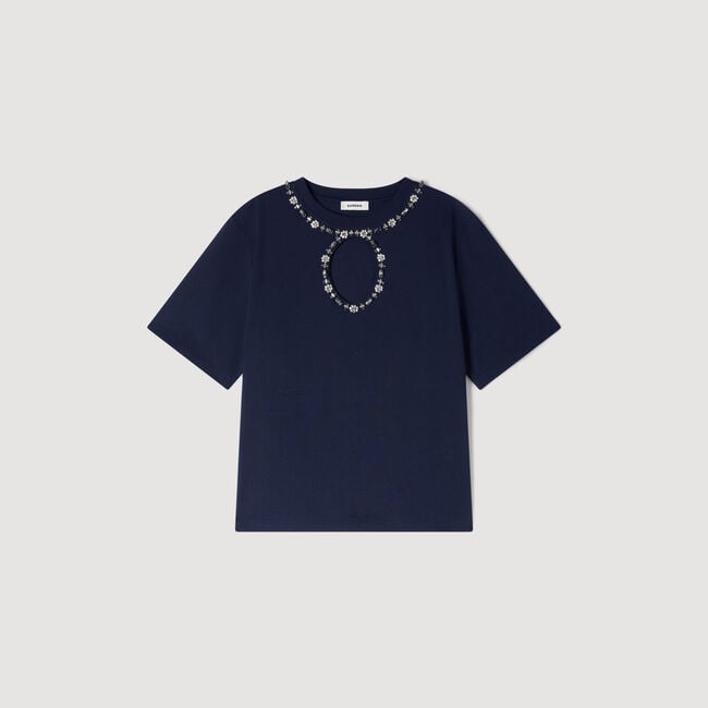 Rhinestone openwork T-shirt