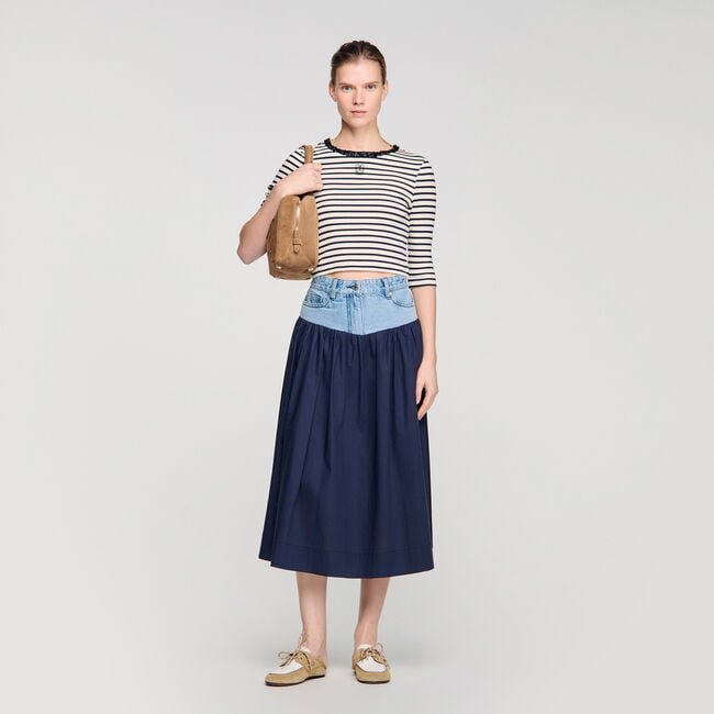 Short striped tee with beaded collar