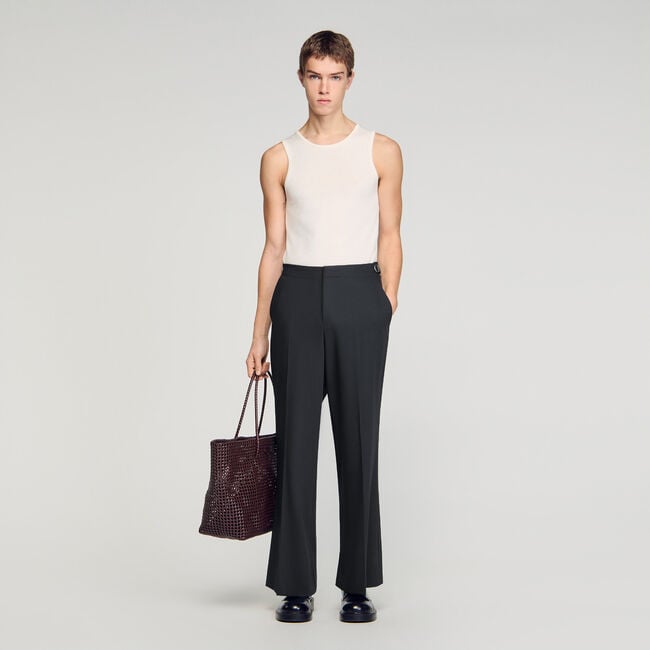 Wide-leg wool trousers with buckles