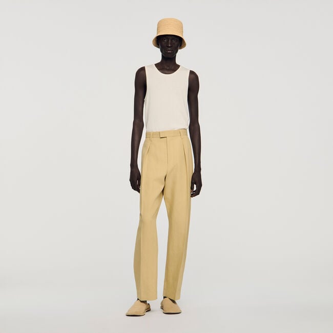Wide pleated cotton-linen trousers